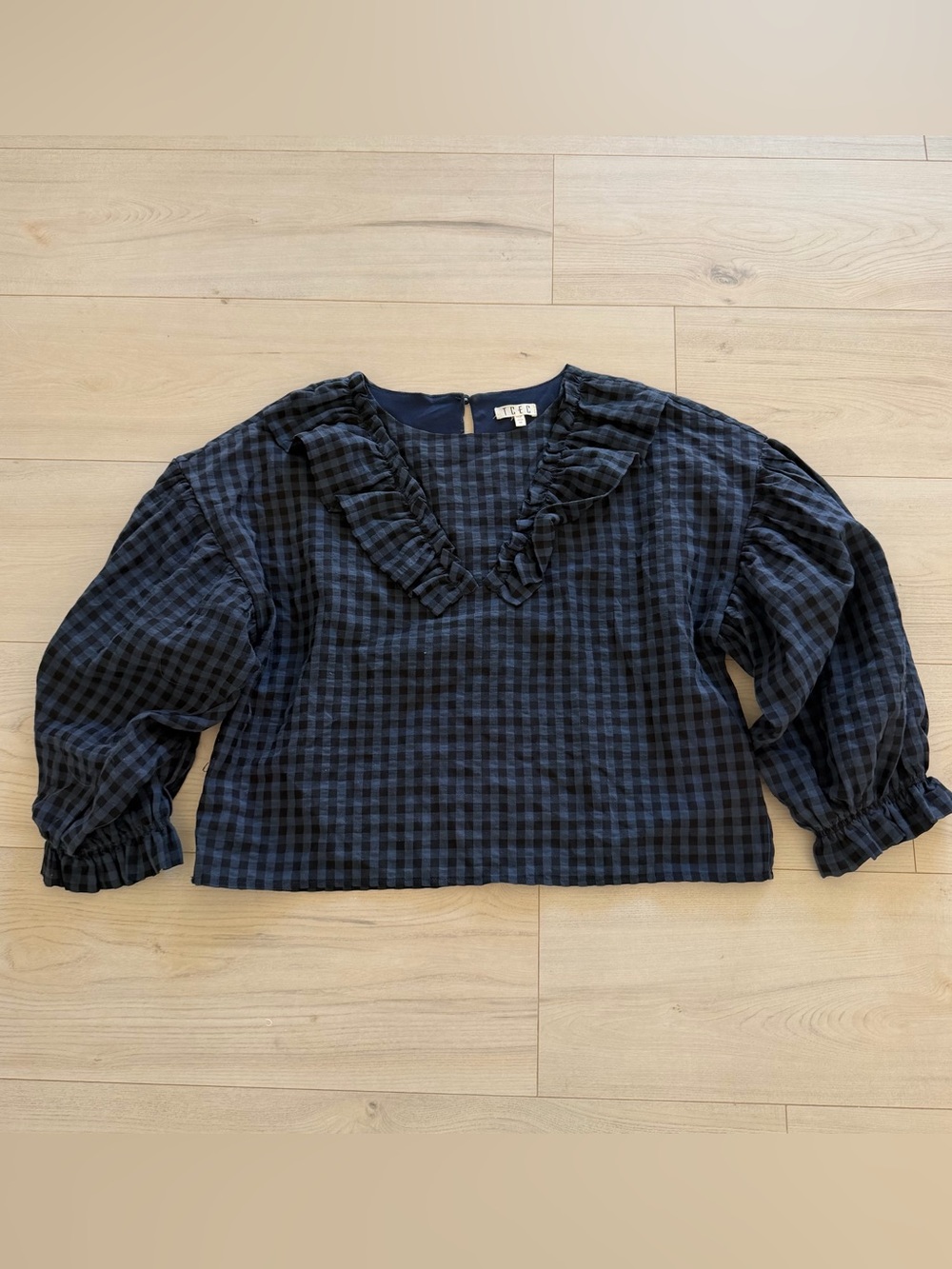 TCEC Navy and Black Gingham Ruffle V-Neck Blouse